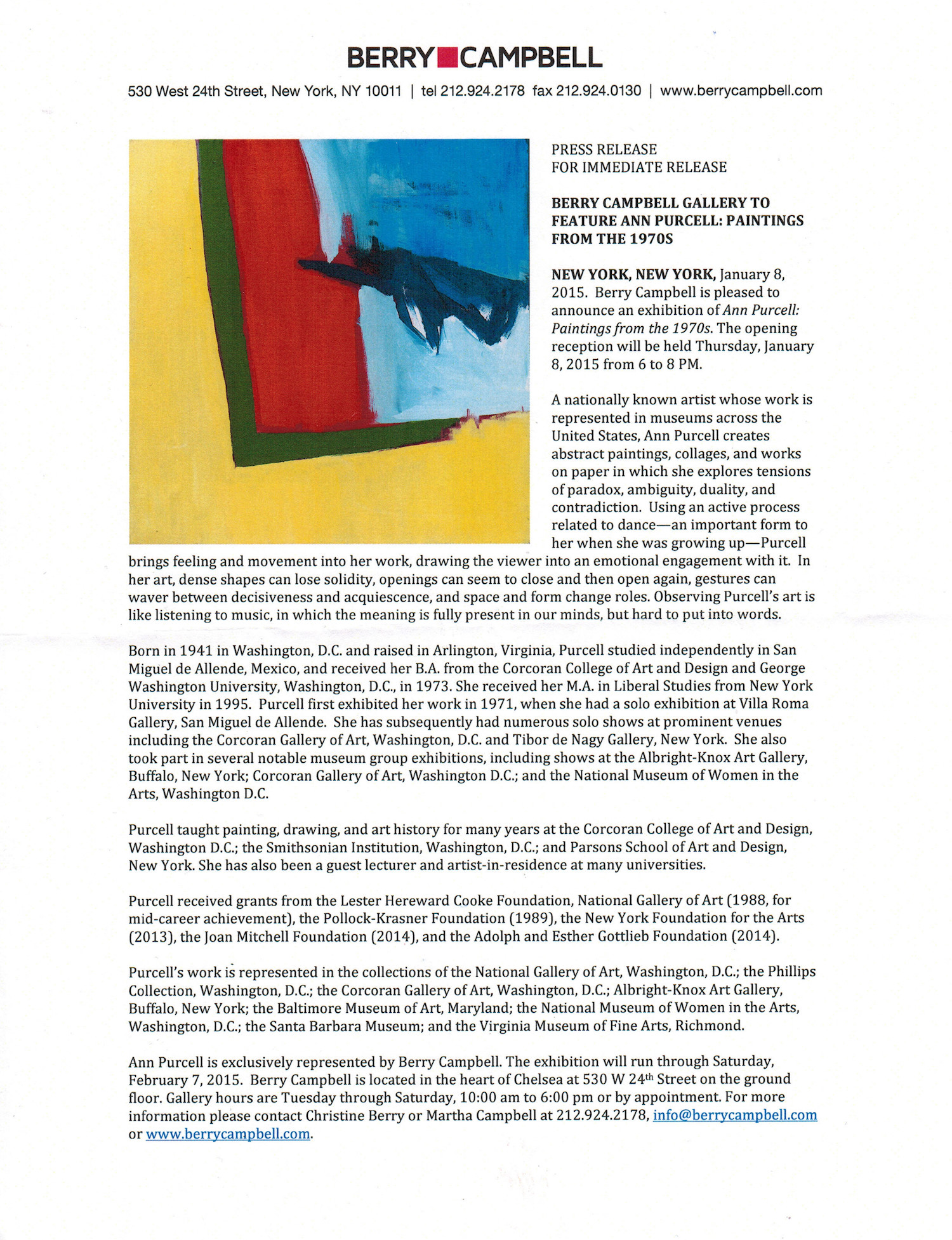 Berry Campbell Gallery Announcement - Purcell solo January 2015